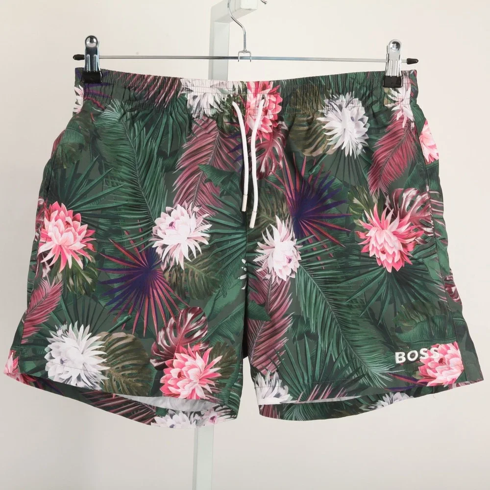BOSS Men's Tropical Floral Swim Trunks Shorts Green Pink White Size L Mesh Lined